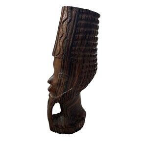 Vintage Heavy Ebony Wood Hand Carved African Tribal Figure Bust Statue Head 13"